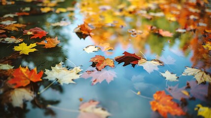 A serene reflection of autumn foliage on the still surface of a pond, capturing the tranquility of the season.