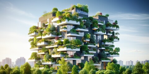Obraz premium Sustainable green building in modern city. Green architecture. Eco-friendly building. Sustainable residential building with vertical garden reduce CO2. Apartment with green environment.