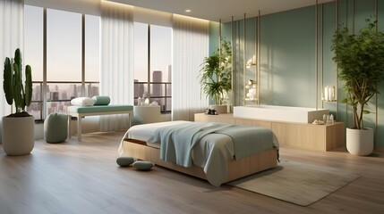 Panorama of modern bedroom interior with wooden floor and green walls. 3d rendering