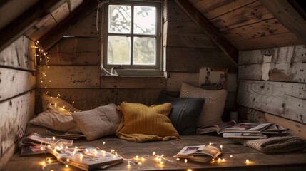A snug corner tucked away in the attic complete with a rustic wooden bench a string of fairy lights and a pile of magazines.