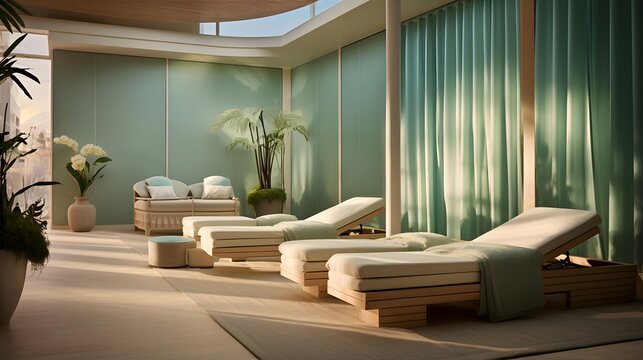 3d rendering of a spa room with sun loungers.