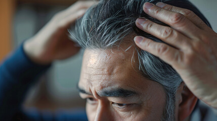 薄毛を気にするシニア日本人男性 - obrazy, fototapety, plakaty
