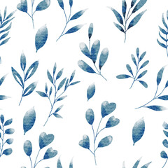 Blue Watercolor Leaves Seamless Pattern