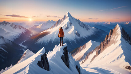 Adventurous woman standing on top of a snow peak - obrazy, fototapety, plakaty