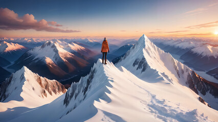 Adventurous woman standing on top of a snow peak - obrazy, fototapety, plakaty