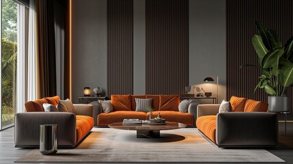 A sleek, minimalistic living room featuring two luxurious sofas and a vibrant coffee table bathed...