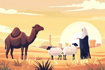 Eid Al Adha Celebration of Muslim holiday the sacrifice a camel, sheep and goat, can use for, landing page, template, ui, web, mobile app, poster, banner, flyer, background