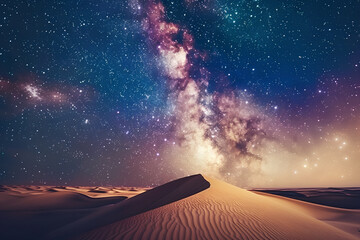 A captivating landscape photograph captures the Milky Way stretching across the desert sky, adorned with countless stars, creating a breathtaking celestial panorama.




