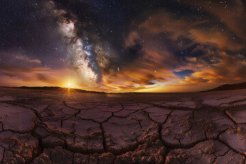 A captivating landscape photograph captures the Milky Way stretching across the desert sky, adorned with countless stars, creating a breathtaking celestial panorama.




 - obrazy, fototapety, plakaty