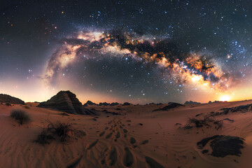 A captivating landscape photograph captures the Milky Way stretching across the desert sky, adorned with countless stars, creating a breathtaking celestial panorama.




 - obrazy, fototapety, plakaty
