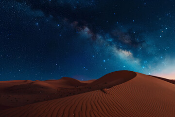 Fototapeta na wymiar A captivating landscape photograph captures the Milky Way stretching across the desert sky, adorned with countless stars, creating a breathtaking celestial panorama.