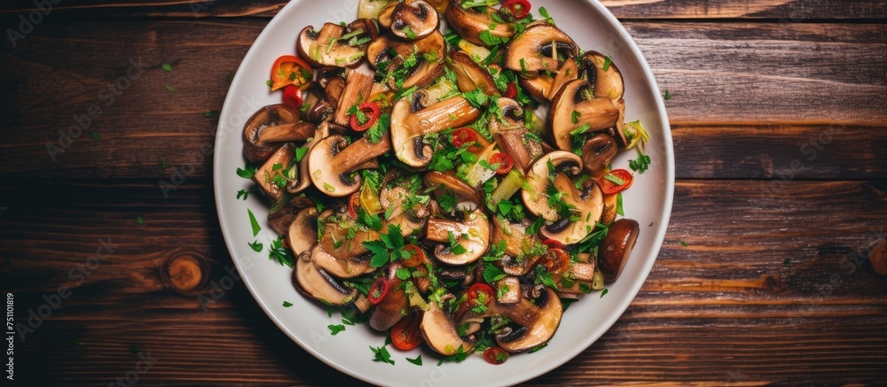 Poster a white plate is filled with a variety of sliced mushrooms and colorful vegetables, creating a visua