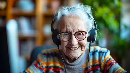 Portrait photo of smiling senior woman wearing headphones