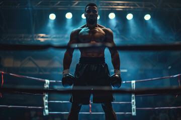 Fototapeta na wymiar Professional male boxer standing on boxing ring, ready to fight and compete