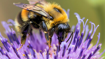 An upclose view of a buzzing bee pollinating a vibrant purple wildflower emphasizing the importance of natural pollinators in creating the rich diversity of plants used in