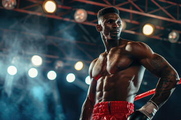 Professional male boxer standing on boxing ring, ready to fight and compete