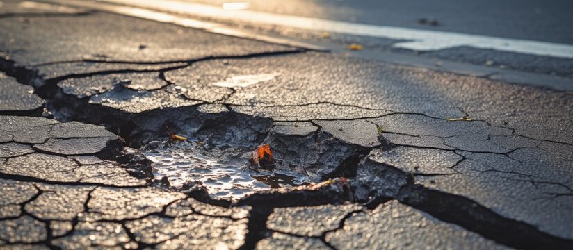 A cracked road surface caused by the degradation from water infiltration, showing visible signs of wear and tear on the pavement.
