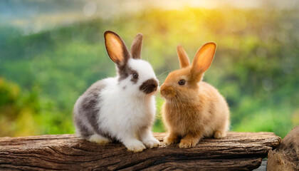 Obraz premium The two rabbit sits on the wood with light bokeh form nature background. Easter day