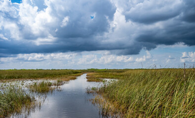 Cloudy skies above the open Florida Everglades grasslands with pathway 