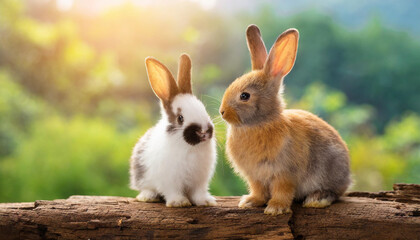 Obraz premium The two rabbit sits on the wood with light bokeh form nature background. Easter day