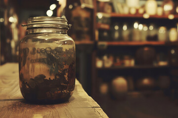 A jar with a capacity of 1 gallon and 10 ounces is styled with a shallow depth of field and clean inking. - obrazy, fototapety, plakaty