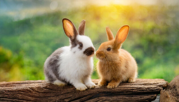 The two rabbit sits on the wood with light bokeh form nature background. Easter day