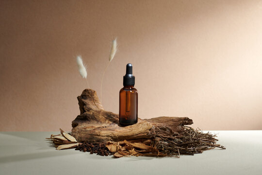 Glass bottle with aromatic oil or serum, bark tree with copy space. 