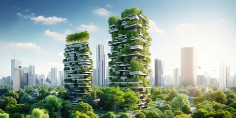 Sustainable green building in modern city. Green architecture. Eco-friendly building. Sustainable building with vertical garden reduce CO2. - obrazy, fototapety, plakaty