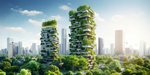 Fotobehang Sustainable green building in modern city. Green architecture. Eco-friendly building. Sustainable building with vertical garden reduce CO2. © Coosh448