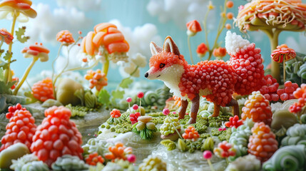 Photorealistic edibles crafting an artisanal sweets scene with a candy fox amid an edible ecosystem