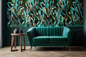 Chair and turquoise sofa in green living room interior with leaves wallpaper and table. Real photo...