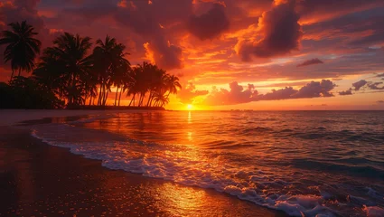 Foto op Canvas Vibrant sunset over a tropical island, palm trees silhouetted against a fiery sky, serene ocean waves lapping at the shore © akarawit