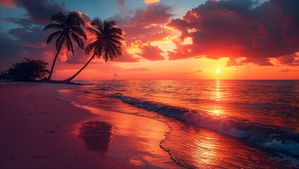 Vibrant sunset over a tropical island, palm trees silhouetted against a fiery sky, serene ocean waves lapping at the shore - obrazy, fototapety, plakaty