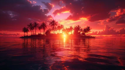 Fotobehang Vibrant sunset over a tropical island, palm trees silhouetted against a fiery sky, serene ocean waves lapping at the shore © akarawit
