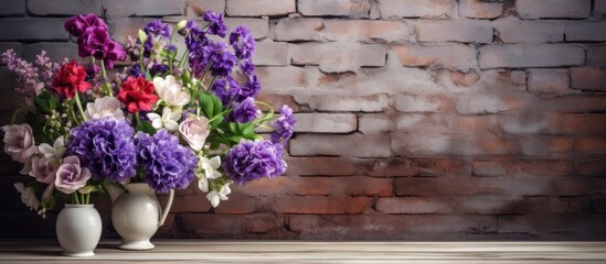 A white vase on a wooden table against a brick wall, brimming with an abundance of vibrant purple and red flowers. A striking contrast between the delicate blooms and the rustic backdrop.