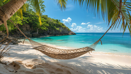 Pristine white sandy beach with clear turquoise waters, a lone hammock tied between two palm trees
