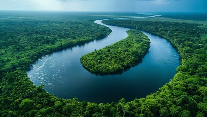 Fototapeta premium Aerial view of a meandering river through lush tropical forests, vibrant greenery and wildlife visible below