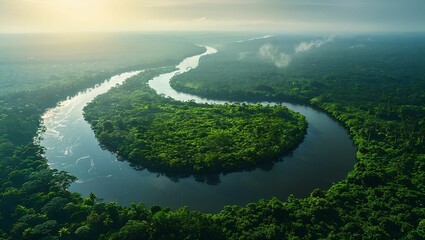 Aerial view of a meandering river through lush tropical forests, vibrant greenery and wildlife...