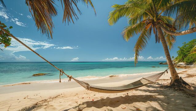 Pristine white sandy beach with clear turquoise waters, a lone hammock tied between two palm trees - Powered by Adobe