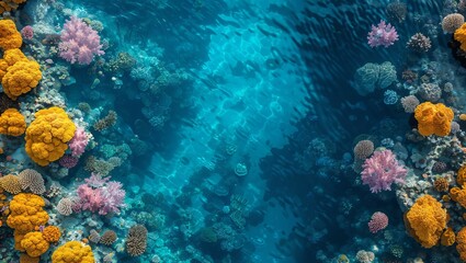 An expansive coral reef from above, showcasing a kaleidoscope of colors and patterns, teeming with aquatic life