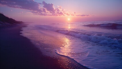 A serene beach at dawn, the sky in shades of purple and blue, early morning mist hovering over the...