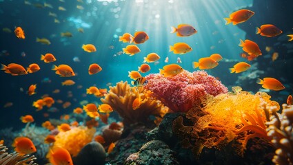 An underwater scene with a school of tropical fish swimming near a colorful coral reef, sunlight filtering through the water