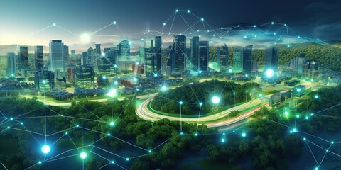 Sprawling green community with Digital smart city infrastructure and rapid data network. Digital city, smart society, smart homes, digital community. DX, IOT, digital network concept.