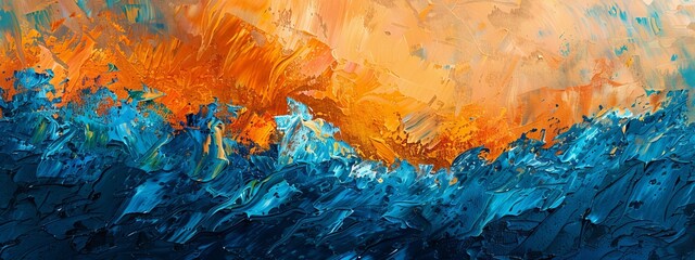 Abstract fiery orange and cool blue brushstrokes, excellent for vibrant and dynamic artistic backgrounds.

