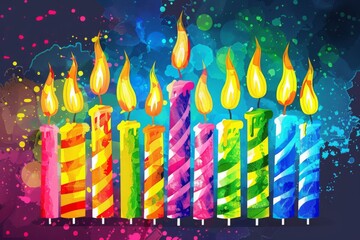 Colorful striped birthday candles with vibrant flames on a dark background, perfect for celebration themes.

