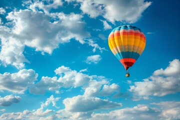 Fototapeta na wymiar Colorful hot air balloon soaring in a blue sky with clouds, symbolizing freedom, travel, and adventure.