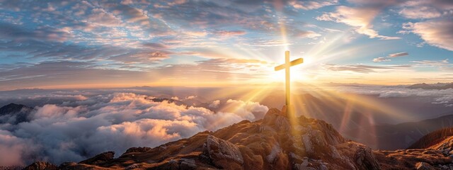 Sunrise behind a cross on a mountain top, symbolizing hope and faith with breathtaking views.

 - obrazy, fototapety, plakaty