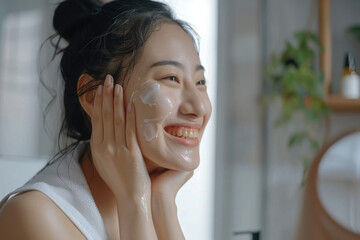 Smiling Asian woman takes care of her facial skin and applying moisturizer in bathroom