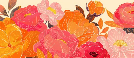 Colorful illustrated floral pattern with vibrant orange and pink blooms on a cream background, perfect for spring and summer themes.

