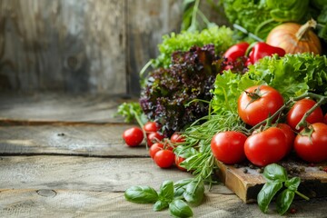 Fresh vegetable composition with lettuce, tomatoes, and basil on rustic wood, suitable for healthy lifestyle and culinary concepts.

